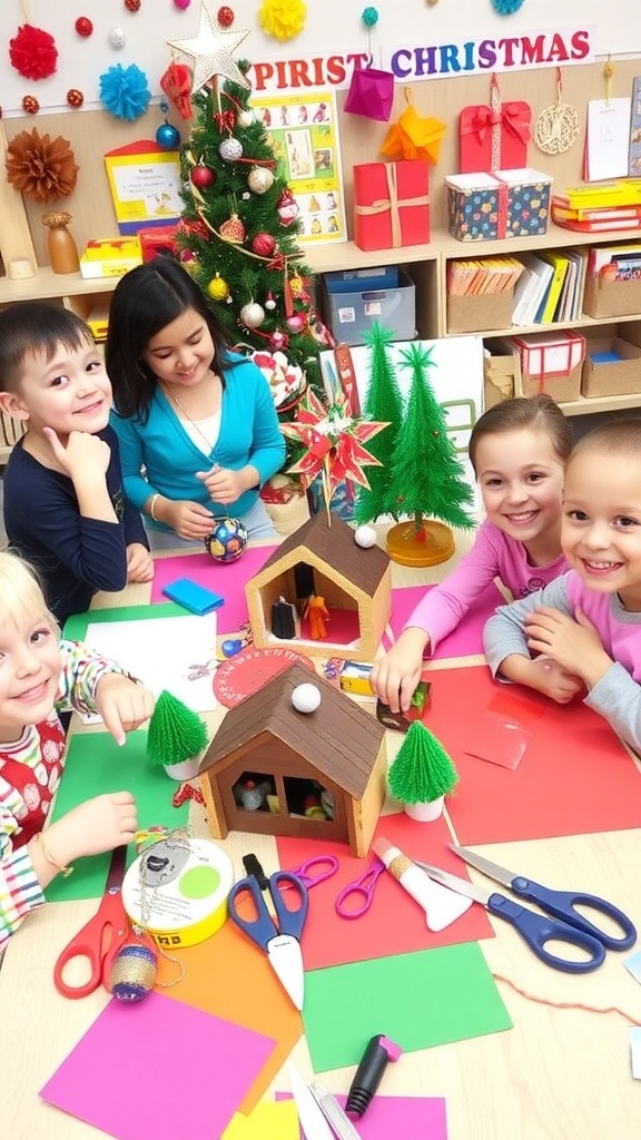 Children happily crafting Christmas decorations and nativity scenes at a table filled with colorful supplies.